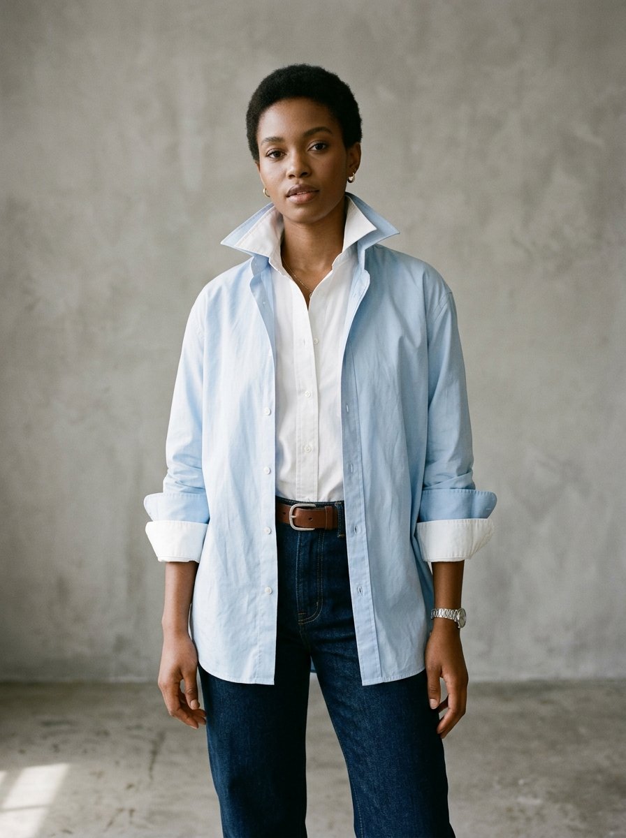 Short-haired woman posing in dark blue jeans and a light blue overshirt over a white dress shirt.