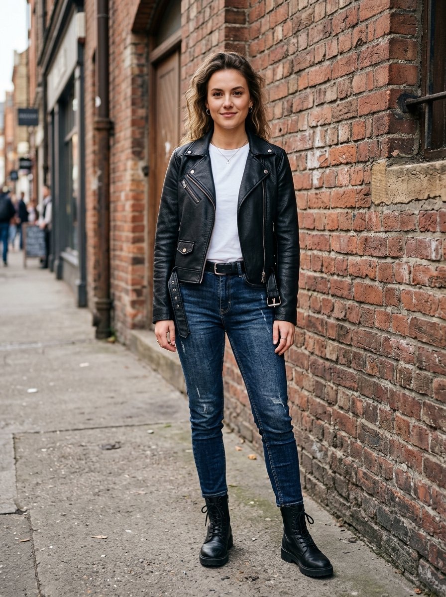 A blonde woman wearing a white t-shirt, leather jacket, and blue jeans standing on a sidewalk near a brick building.