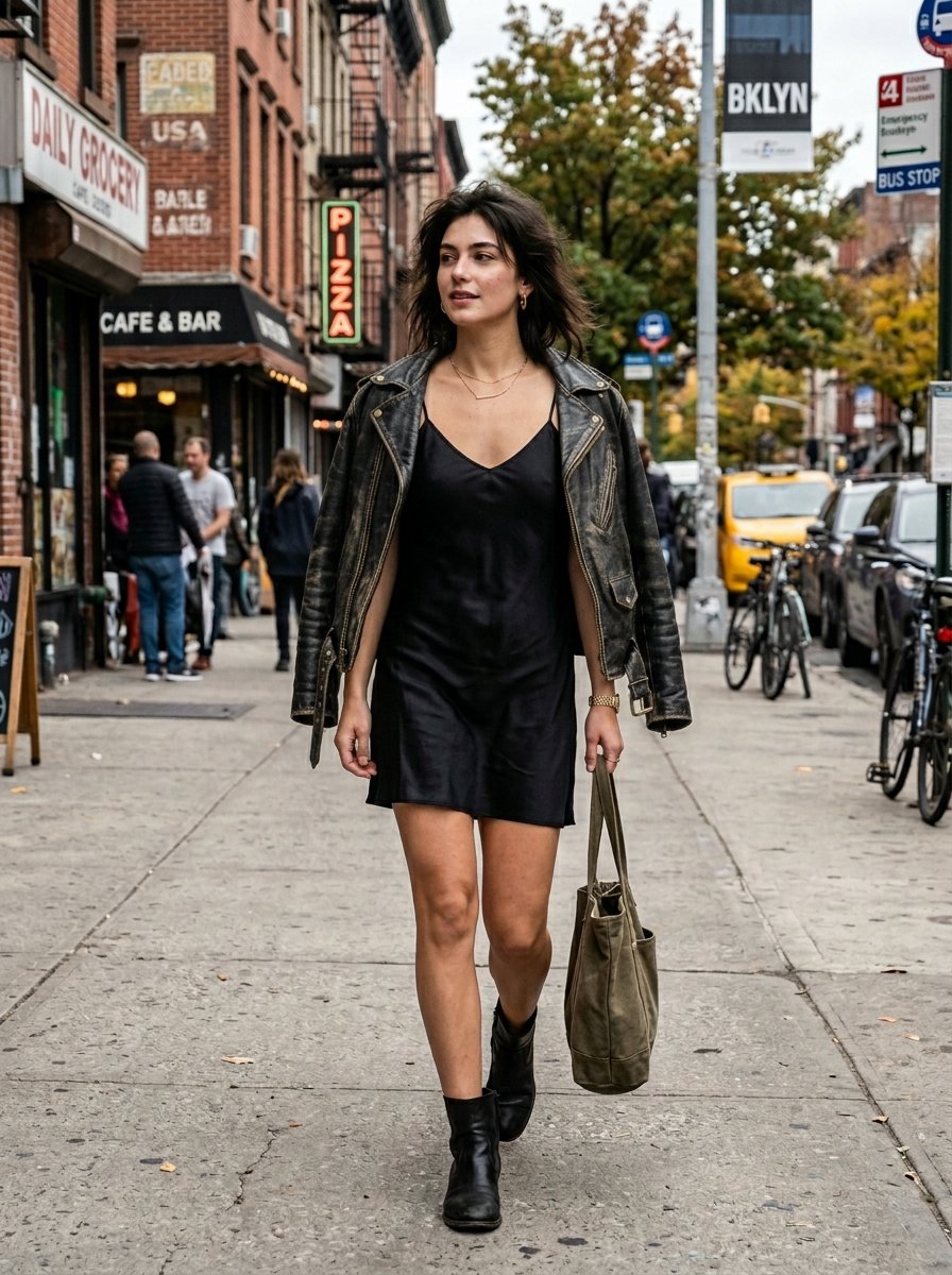 A stylish woman in a leather jacket and black dress walks down a city street holding a tote bag.
