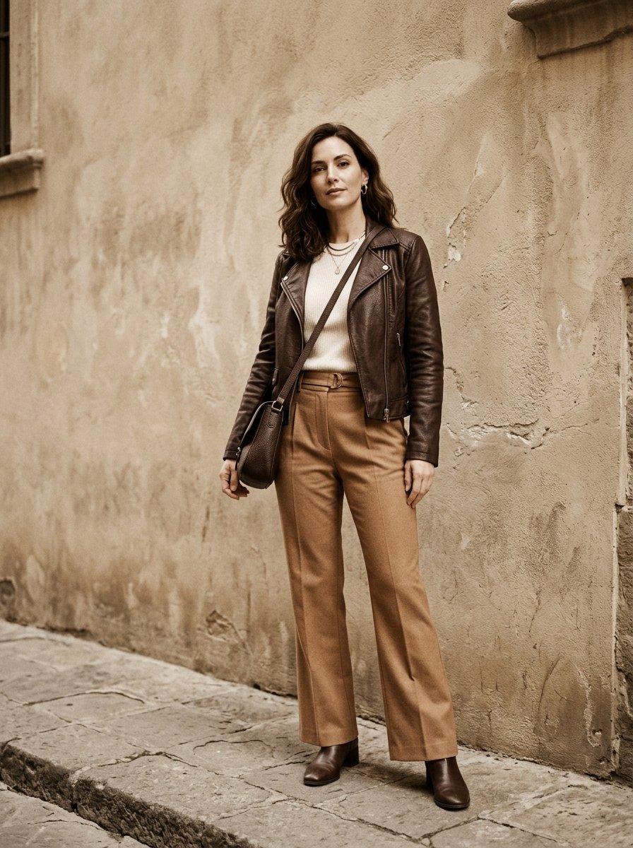 Woman with wavy hair posing in a brown leather jacket, cream top, and tan pants against a textured stone wall.