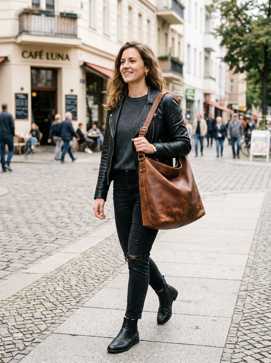 A smiling woman wearing a black leather jacket and carrying a large brown leather shoulder bag on a city street.
