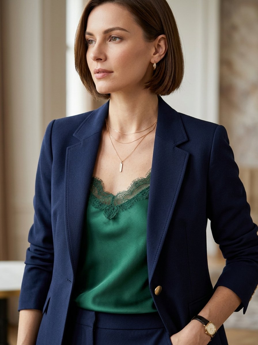 A professional woman wearing a dark blue suit jacket over a vibrant emerald green silk top with lace trim.