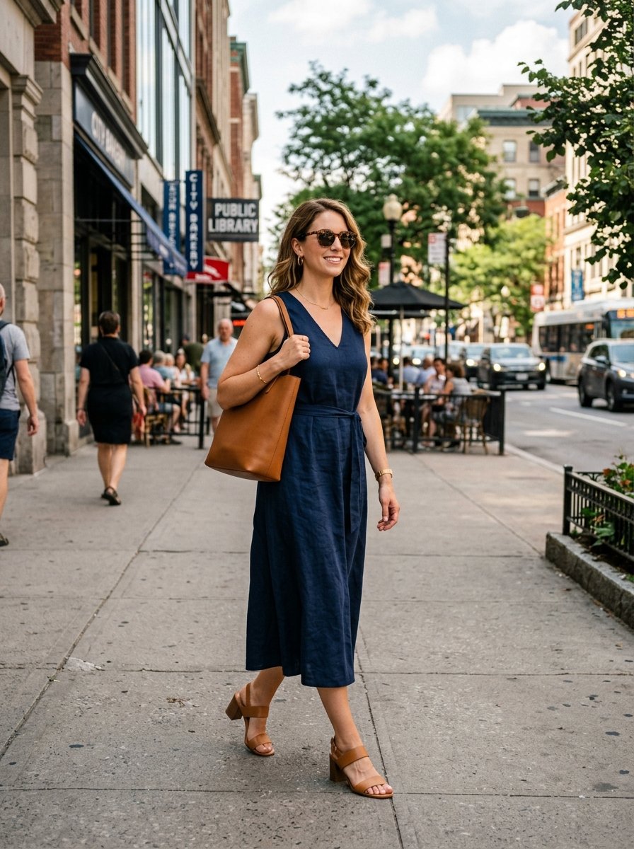 Smiling woman in a navy midi dress and brown leather tote bag walking down a city street.