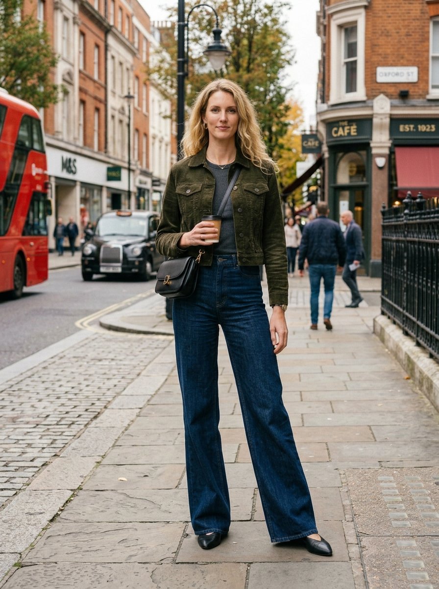 Blonde woman in an olive green corduroy jacket and dark blue jeans standing on a London sidewalk near Oxford Street.