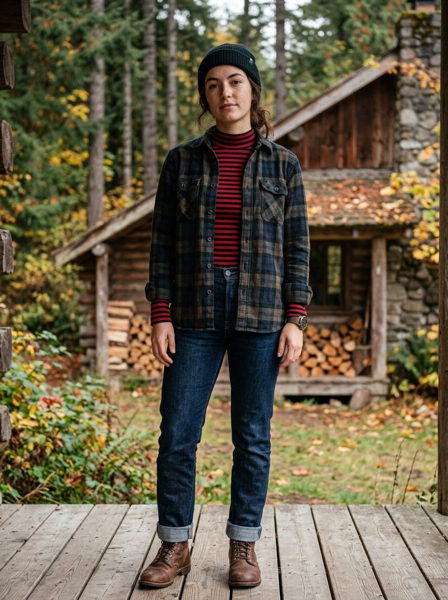 A woman wearing a dark beanie, plaid flannel, and jeans standing on a wooden porch near a forest cabin.