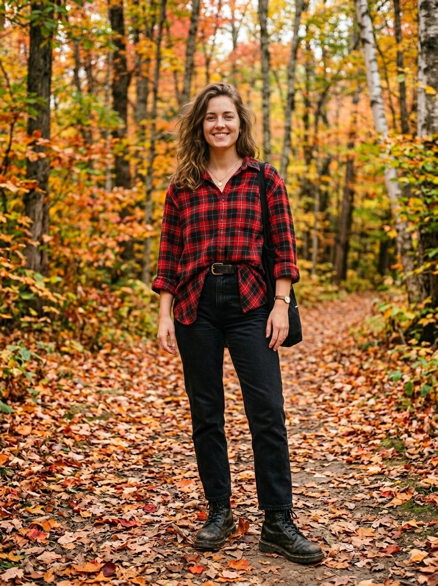 A smiling young woman wearing a red and black flannel shirt and black jeans standing on a trail covered in fall leaves.