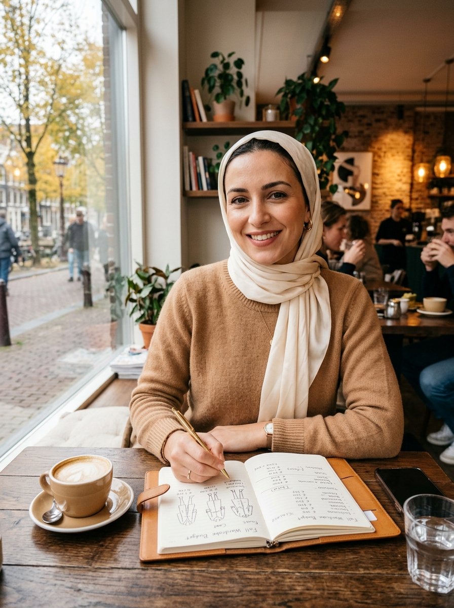 A woman wearing a beige hijab and sweater writes in a leather notebook while sitting at a table with coffee.