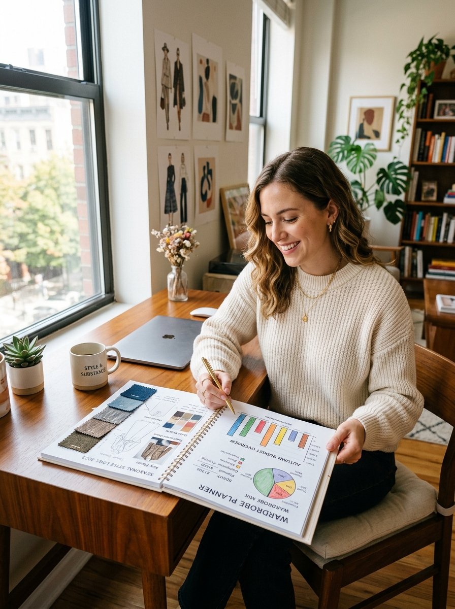 Smiling woman holding a gold pen while reviewing fabric swatches and pie charts in a personal style planner.