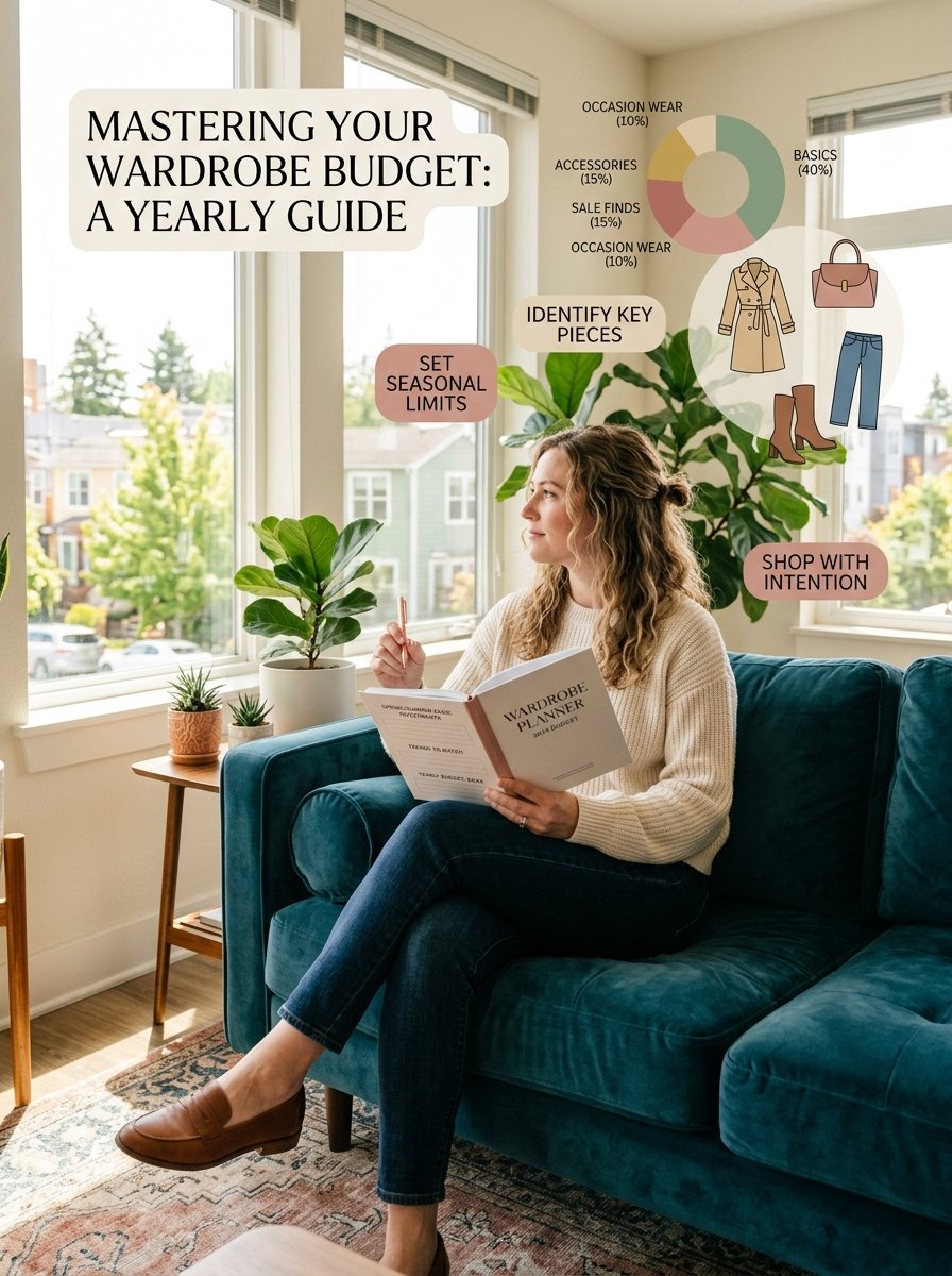 A woman sits on a teal sofa holding a wardrobe planner, surrounded by infographic tips for managing clothing expenses.
