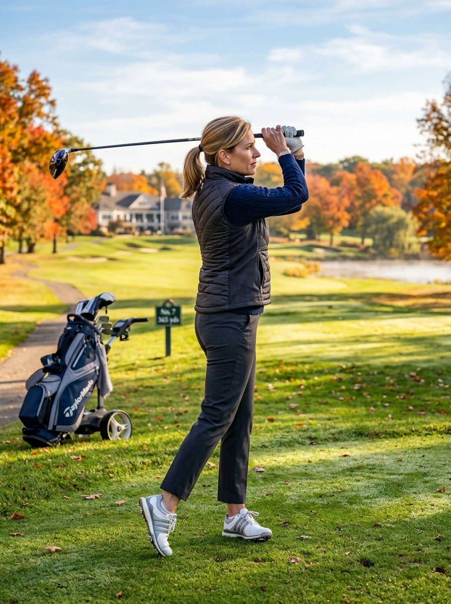 Woman Playing Golf Autumn Morning