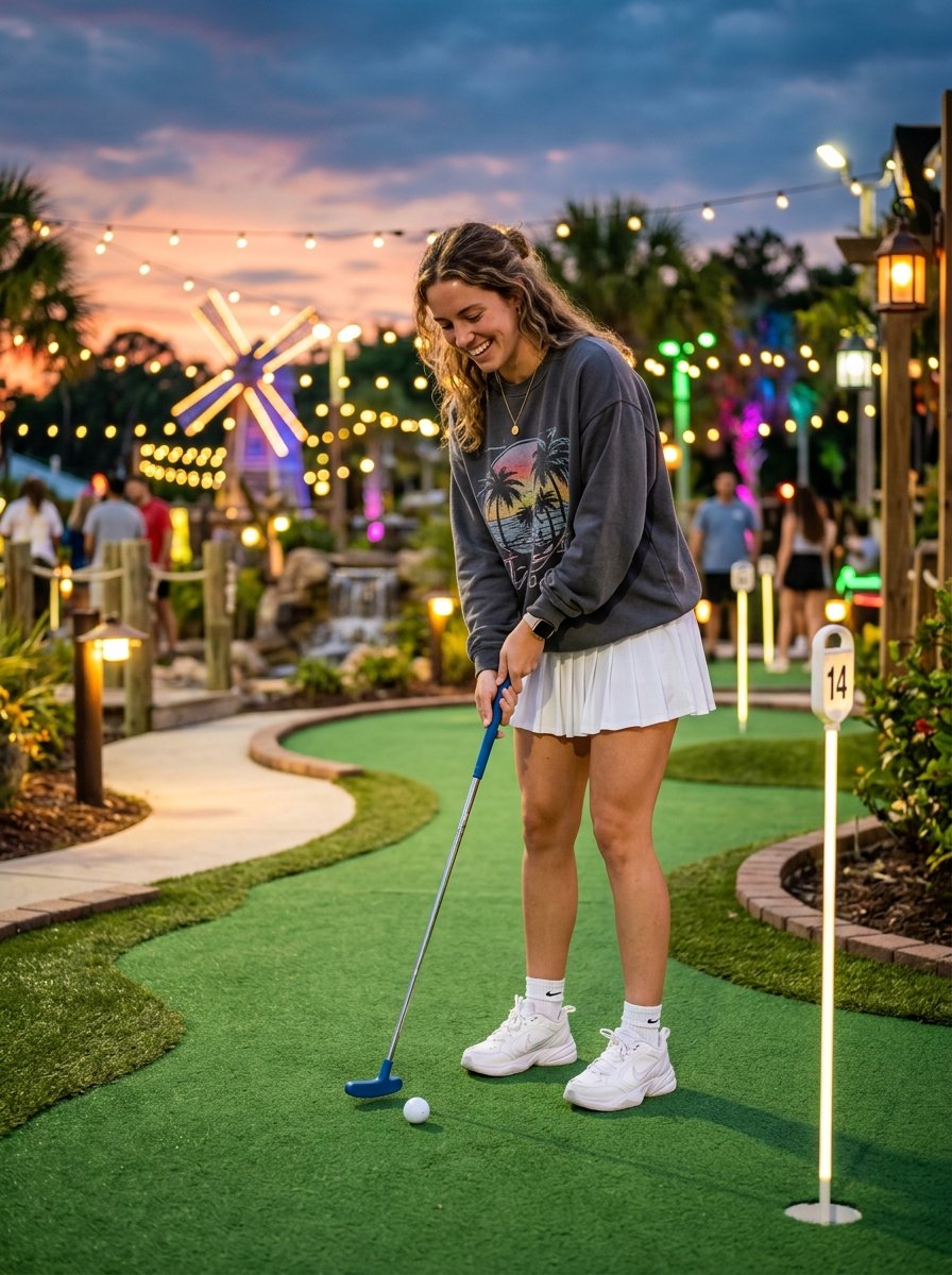 A happy woman in a tennis skirt and sweatshirt plays a round of mini golf at twilight under decorative string lights.