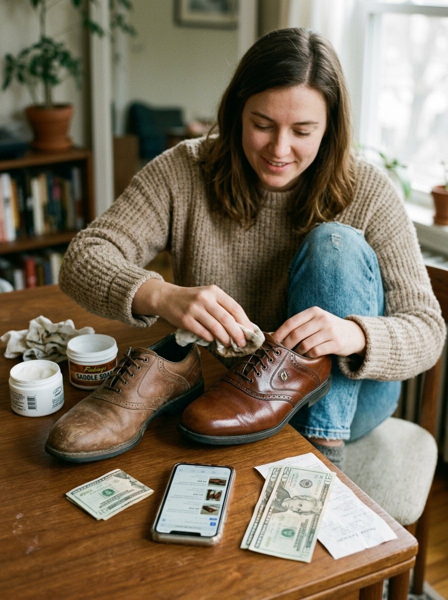 Young woman in a beige sweater cleaning leather shoes with a cloth at a wooden table with cash and a smartphone.