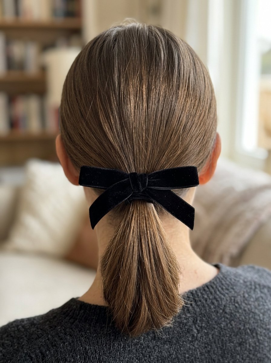 Close-up view of a woman's hair in a low ponytail secured with a soft black velvet hair ribbon.