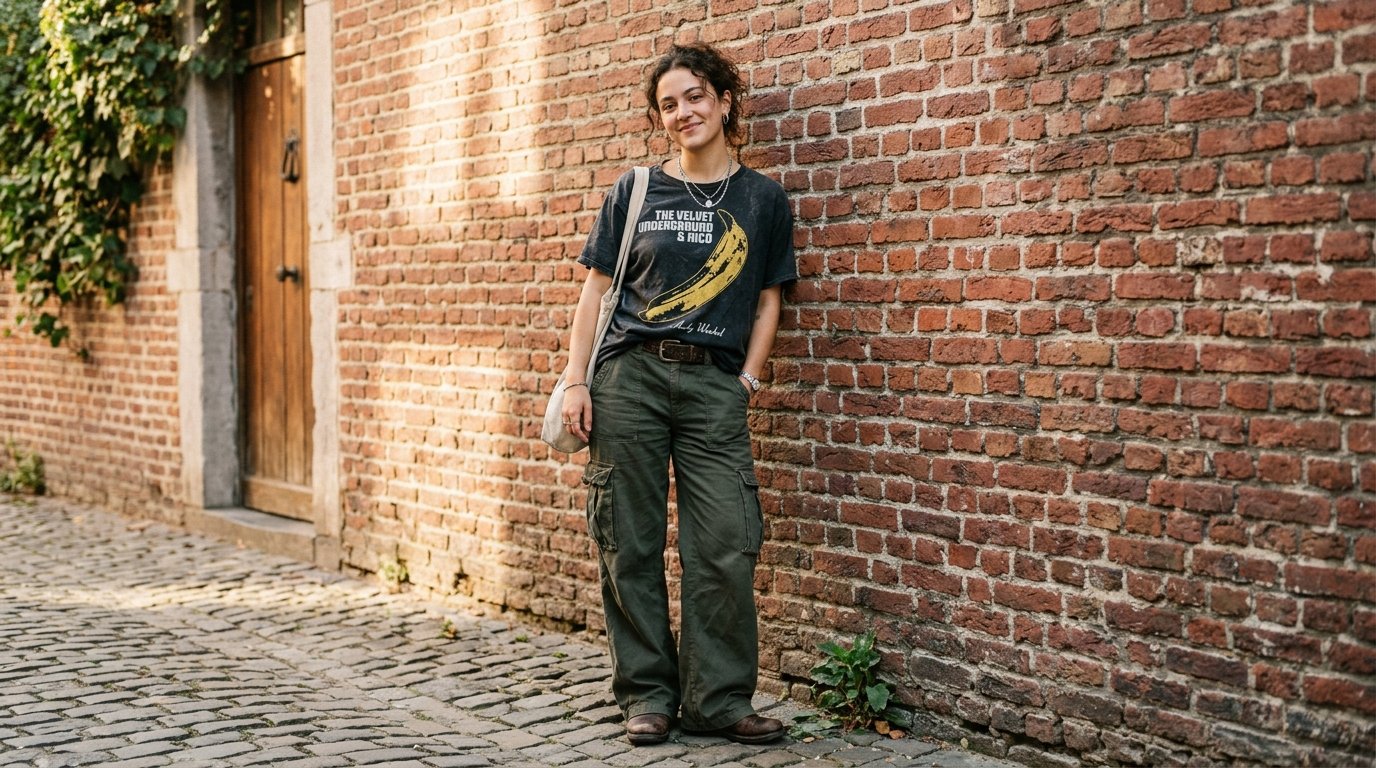 Portrait of a woman with curly hair wearing a Velvet Underground banana shirt and green cargo pants on a cobblestone street.