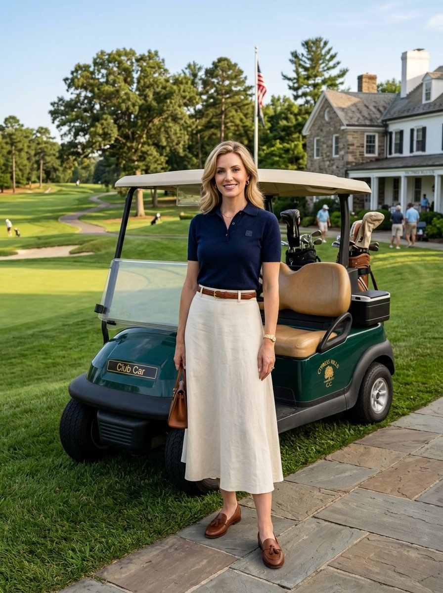A blonde woman stands in front of a green golf cart at a scenic country club course.