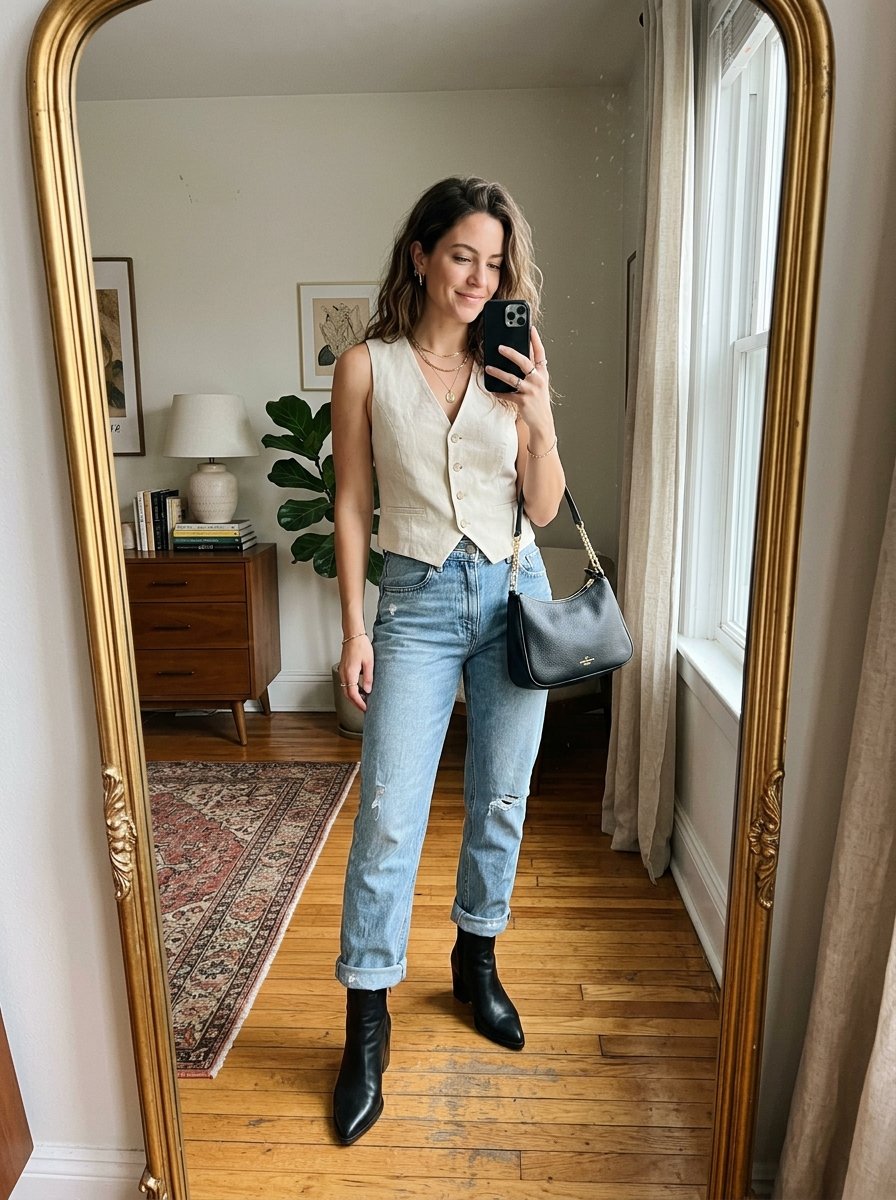 Mirror selfie of a woman styling a cream tailored waistcoat with cuffed blue jeans and black boots.