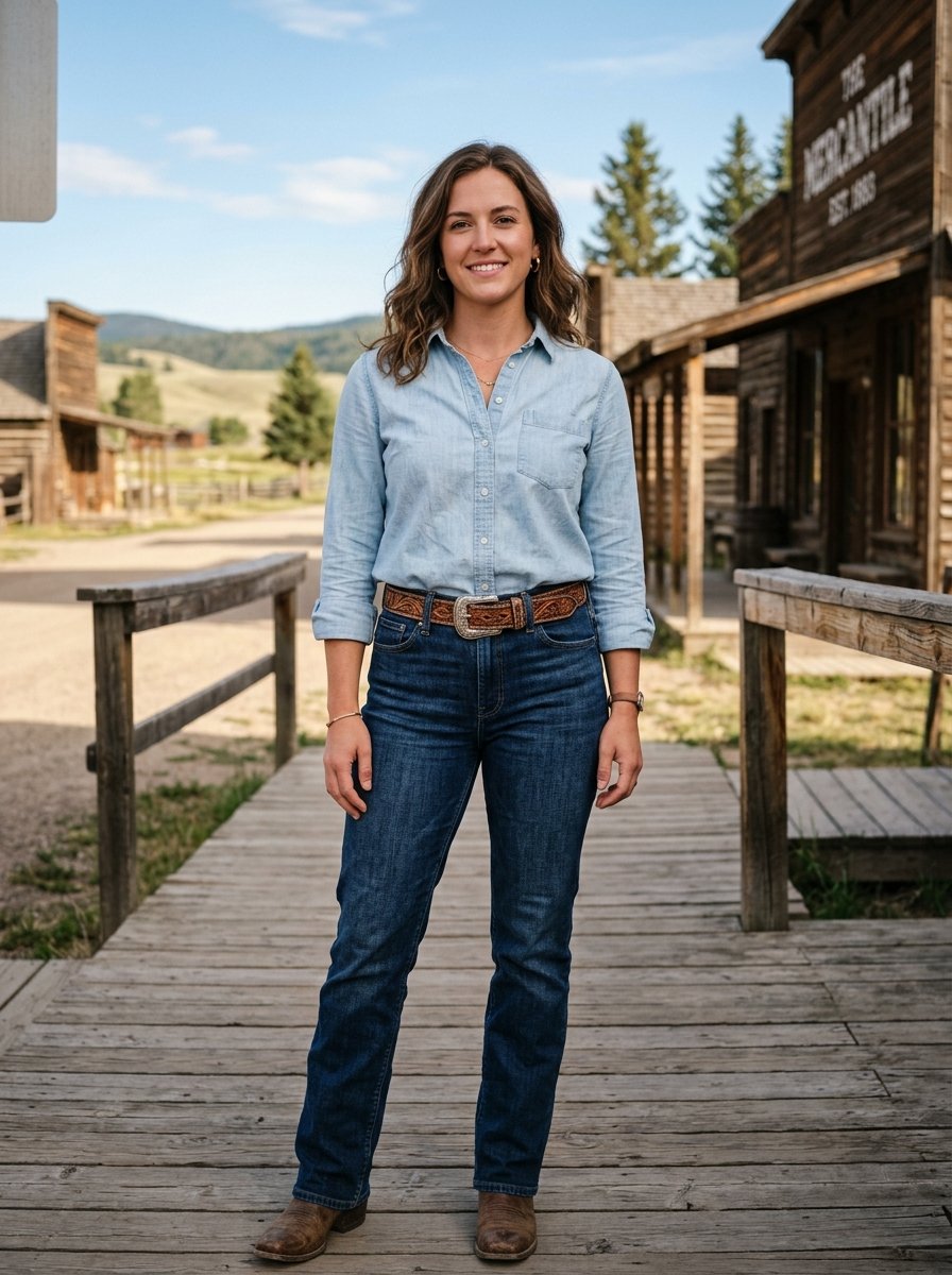 A friendly woman standing on a wooden boardwalk in front of a rustic mercantile building.