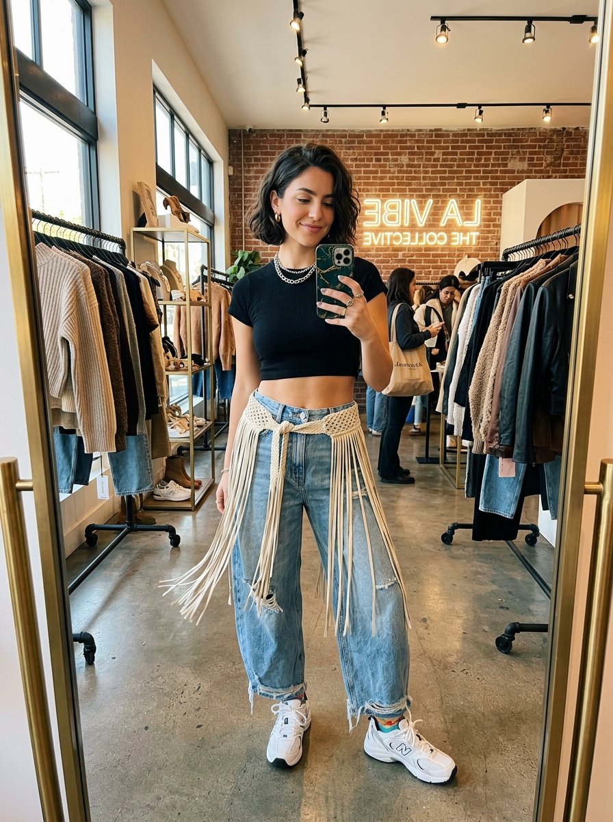 A woman wears a black crop top and distressed jeans with a cream crochet fringe belt while standing in a shop.
