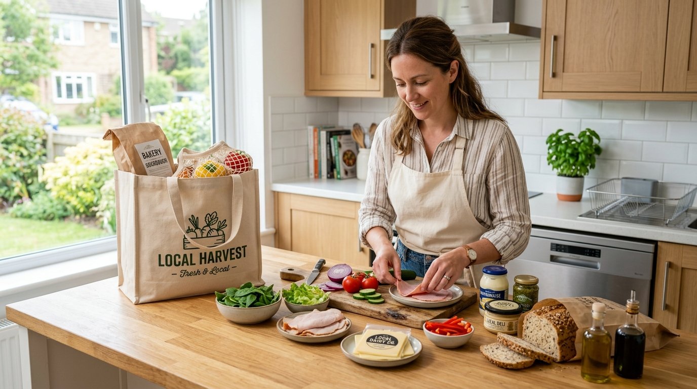 Woman in an apron preparing food on a wooden counter next to a Local Harvest grocery bag.
