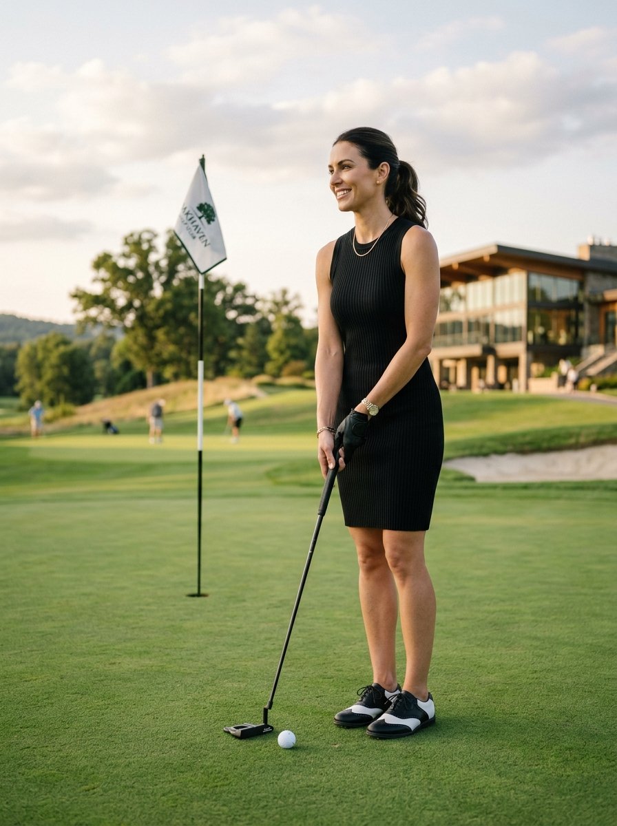 A woman in a black sleeveless dress prepares to putt with a golf club on a manicured green with a flag.