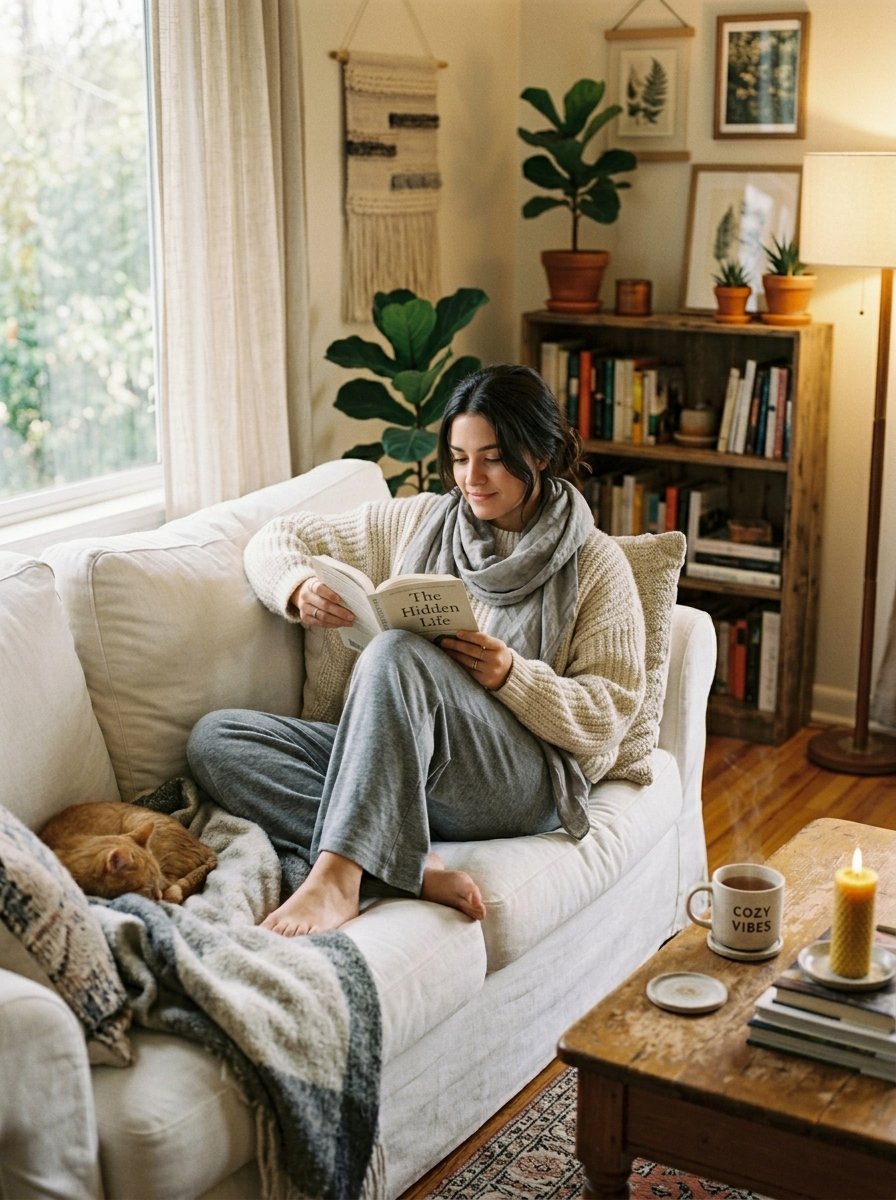 A smiling woman in a knit sweater sits on a white sofa reading a book next to a sleeping ginger cat.