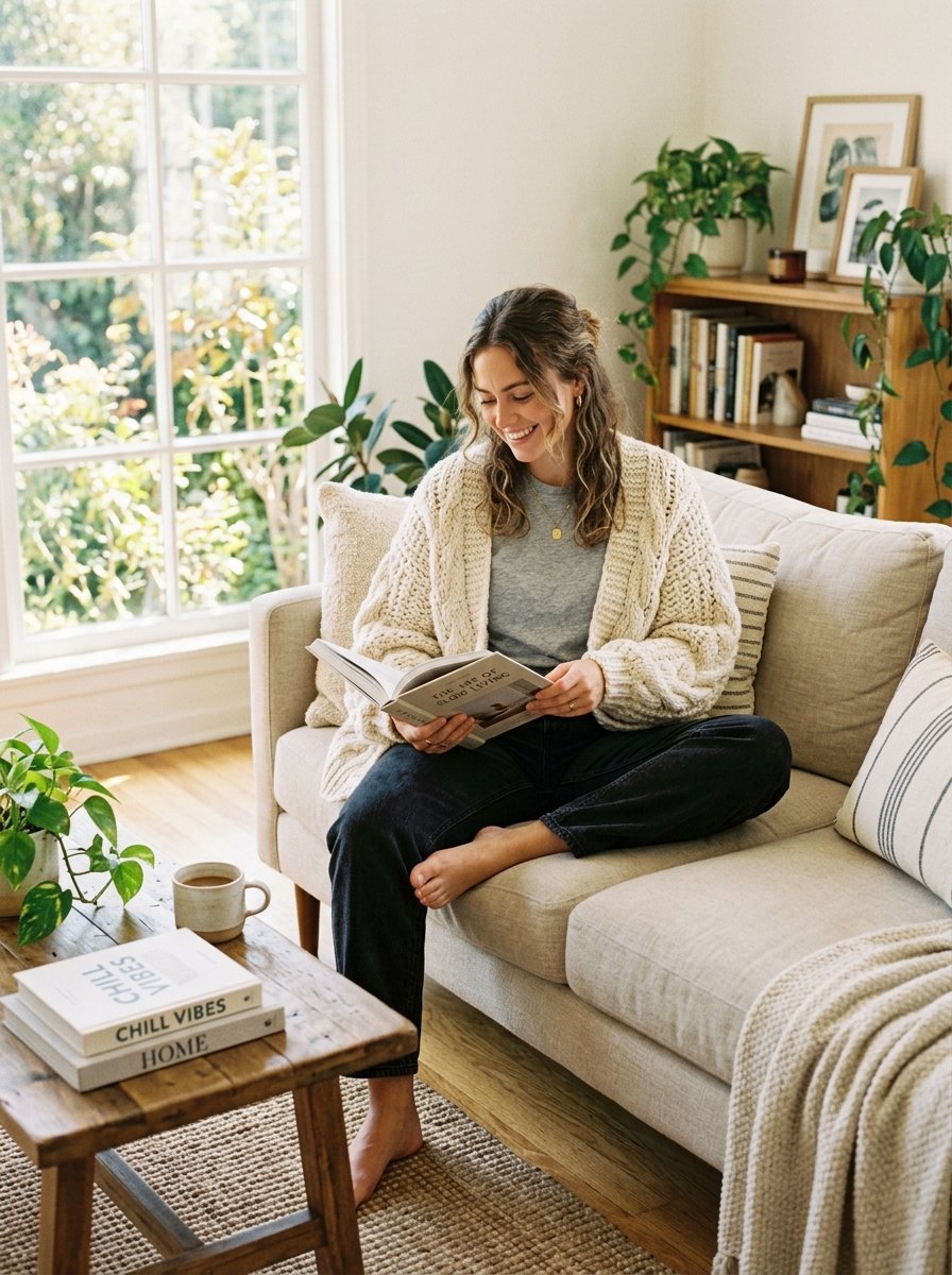 Smiling woman in chunky knit cardigan sits cross-legged on a couch, holding an open book near a bright window.