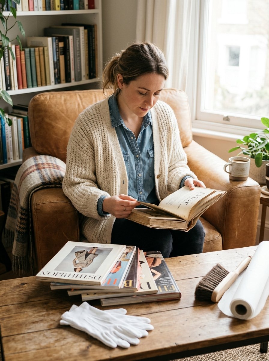 Young woman sitting in a tan leather armchair reading a book with a stack of fashion magazines on a coffee table.