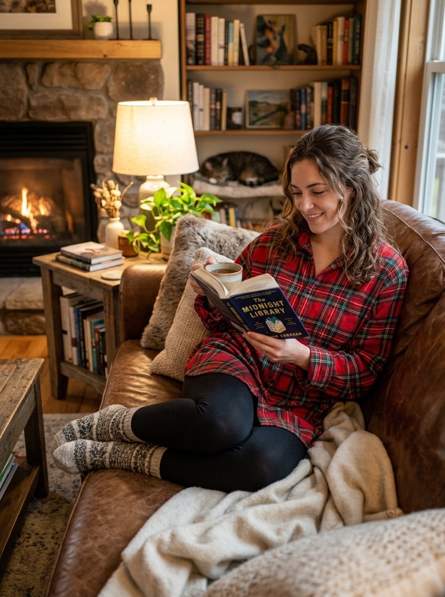 Smiling woman in a plaid shirt reads a book on a leather sofa near a warm stone fireplace and bookshelf.