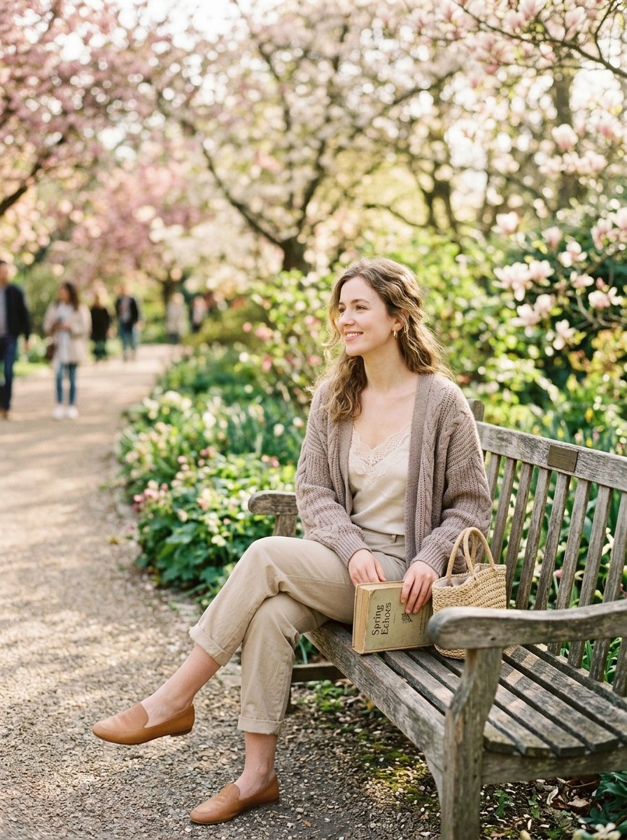 Young woman in neutral knit cardigan sitting on a rustic bench surrounded by blooming cherry blossom trees.