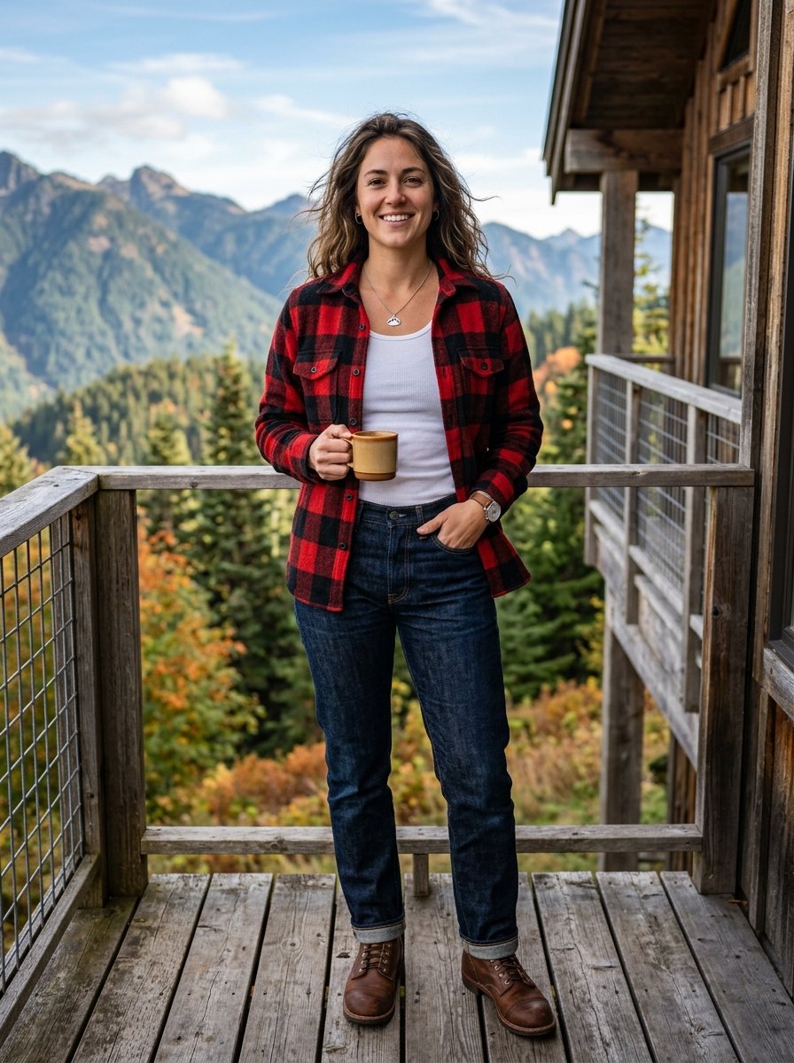 A woman in a red plaid shirt and jeans standing on a wooden porch with mountain scenery behind her.