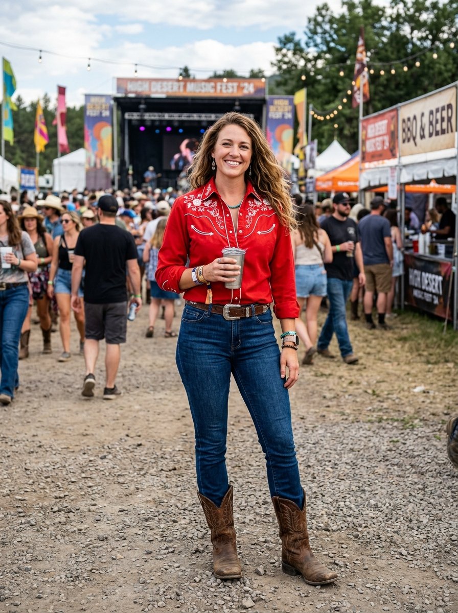 A woman in a red embroidered western shirt and cowboy boots stands on a gravel path at an outdoor concert event.