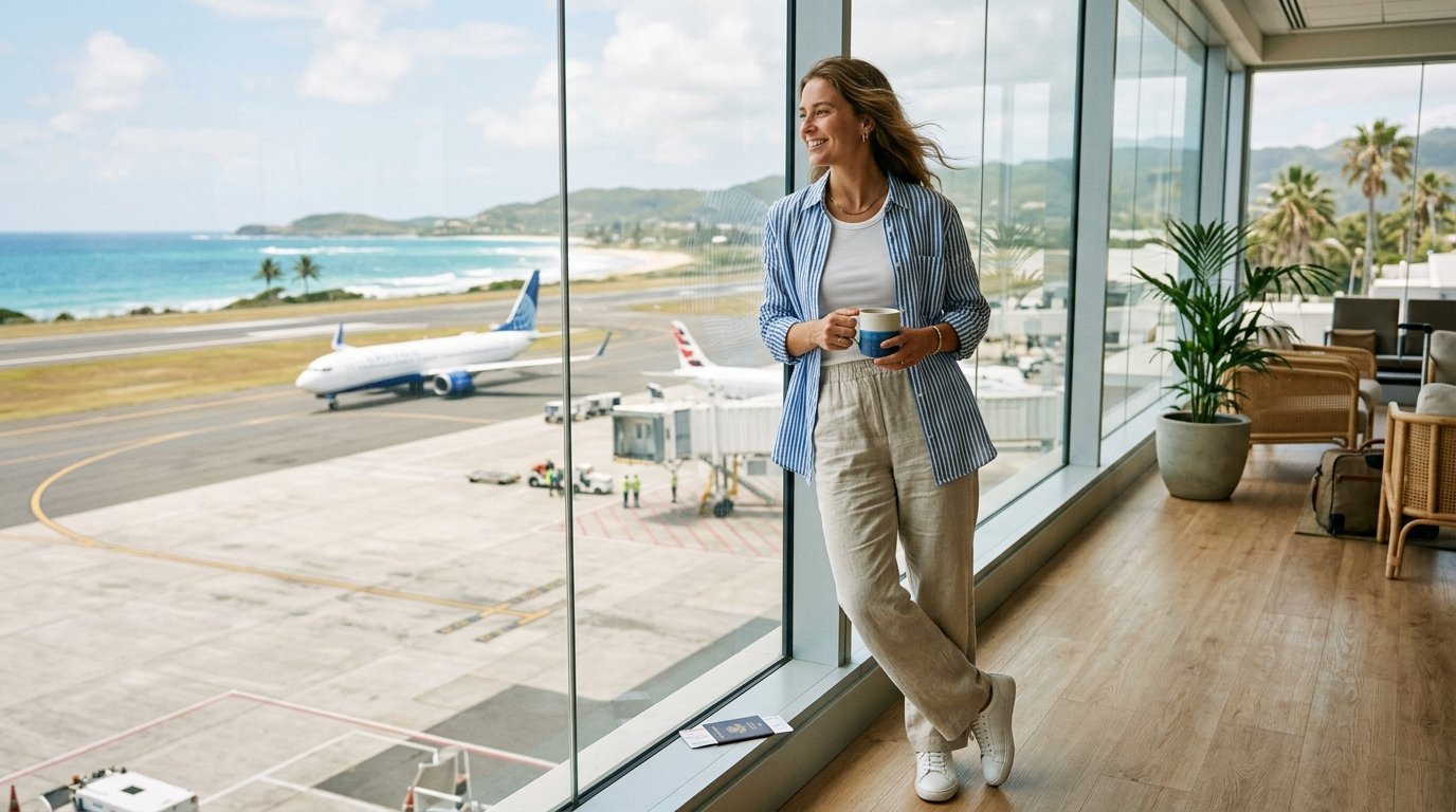 Smiling woman holding a mug while standing by a large terminal window overlooking an airplane and ocean view.