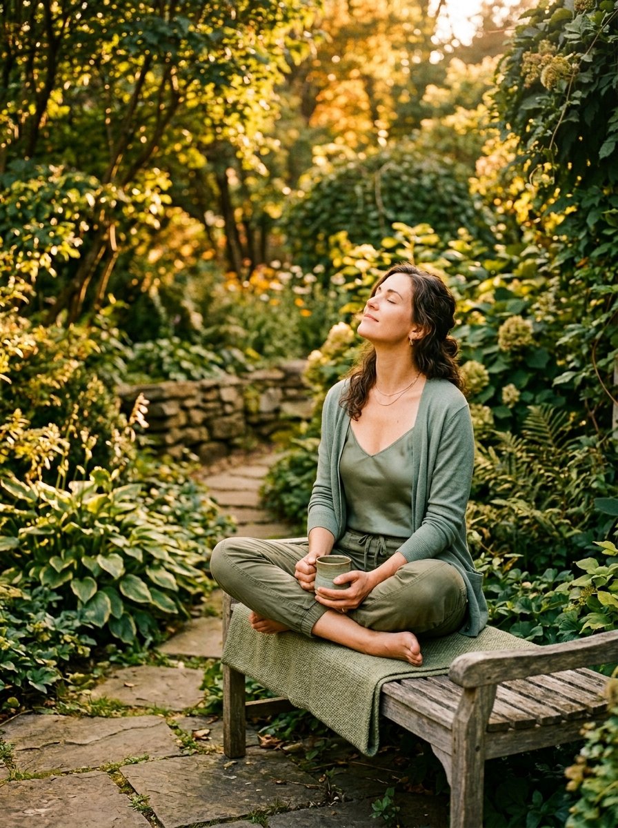 Woman in olive clothing sits cross-legged on a garden bench with eyes closed, holding a ceramic cup.