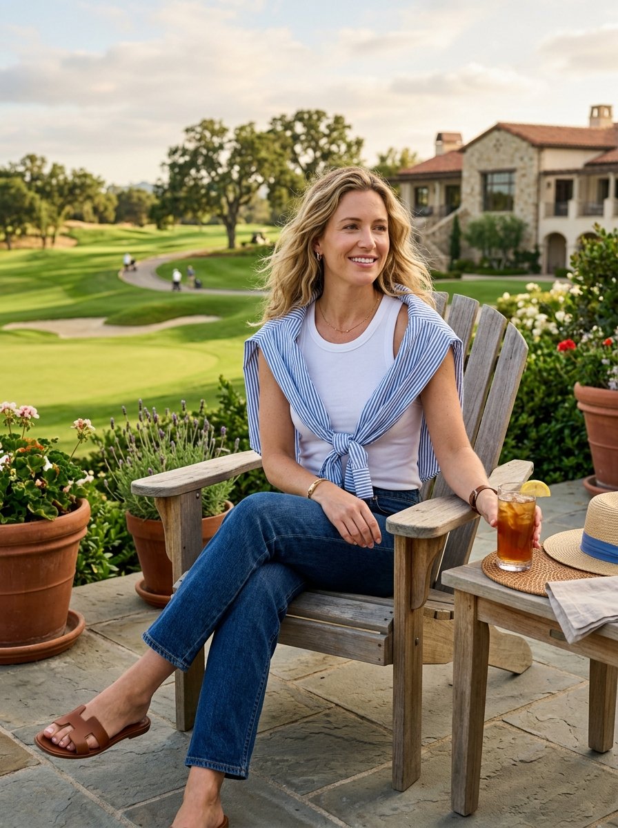 Smiling blonde woman sitting on a wooden chair holding iced tea with a scenic golf course background.