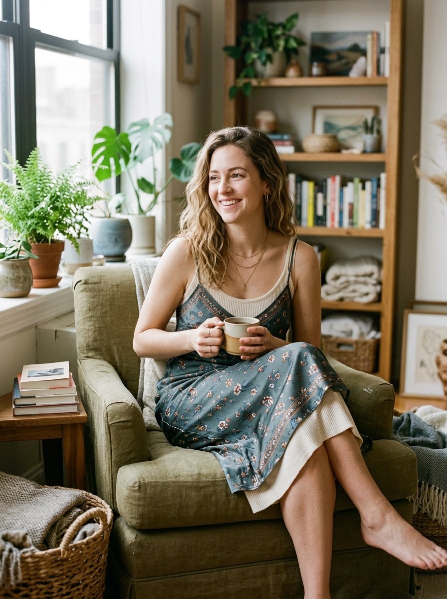 A woman with wavy hair wearing a floral dress sitting in a green chair holding a cup near a bookshelf.