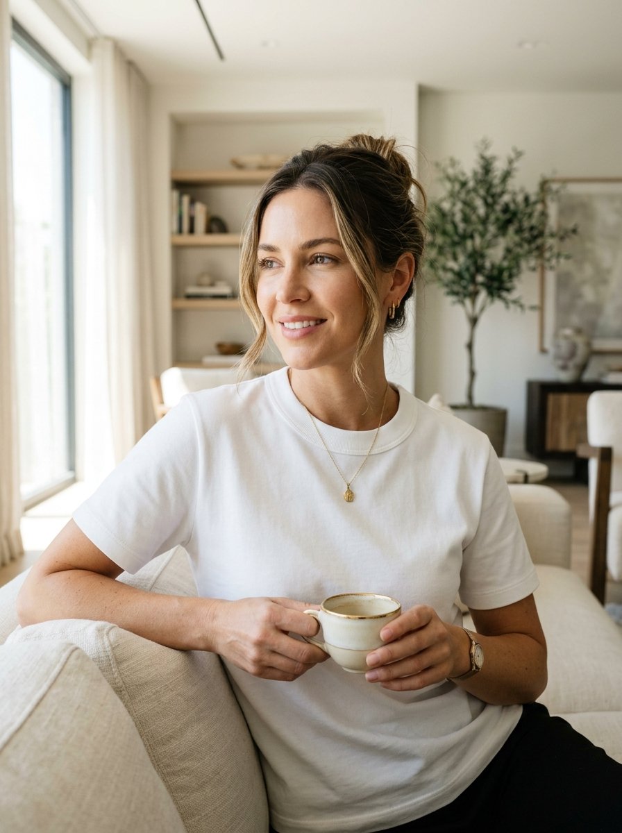 A smiling woman with hair in a bun sitting on a white couch holding a small ceramic tea cup.