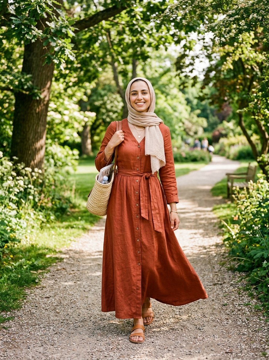 A smiling woman in a headscarf and terracotta maxi dress walking on a dirt path with a straw tote bag.