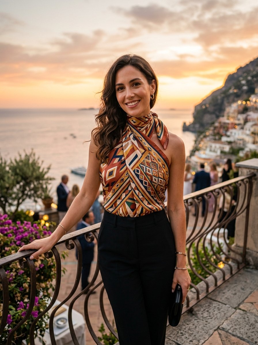 Woman in a geometric print halter top posing on a scenic balcony overlooking the Amalfi Coast at dusk.