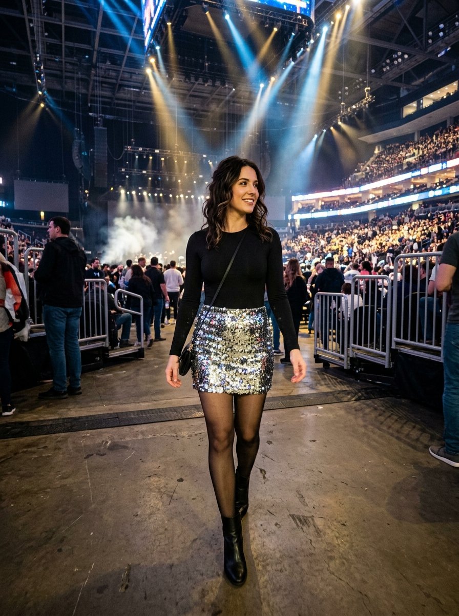 Young woman in a black long-sleeved top and silver sequined miniskirt walking through a dimly lit indoor concert arena.