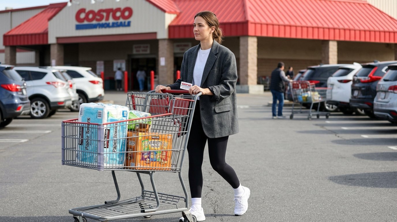 Young woman wearing a grey blazer and leggings pushing a shopping cart filled with bulk items in a parking lot.