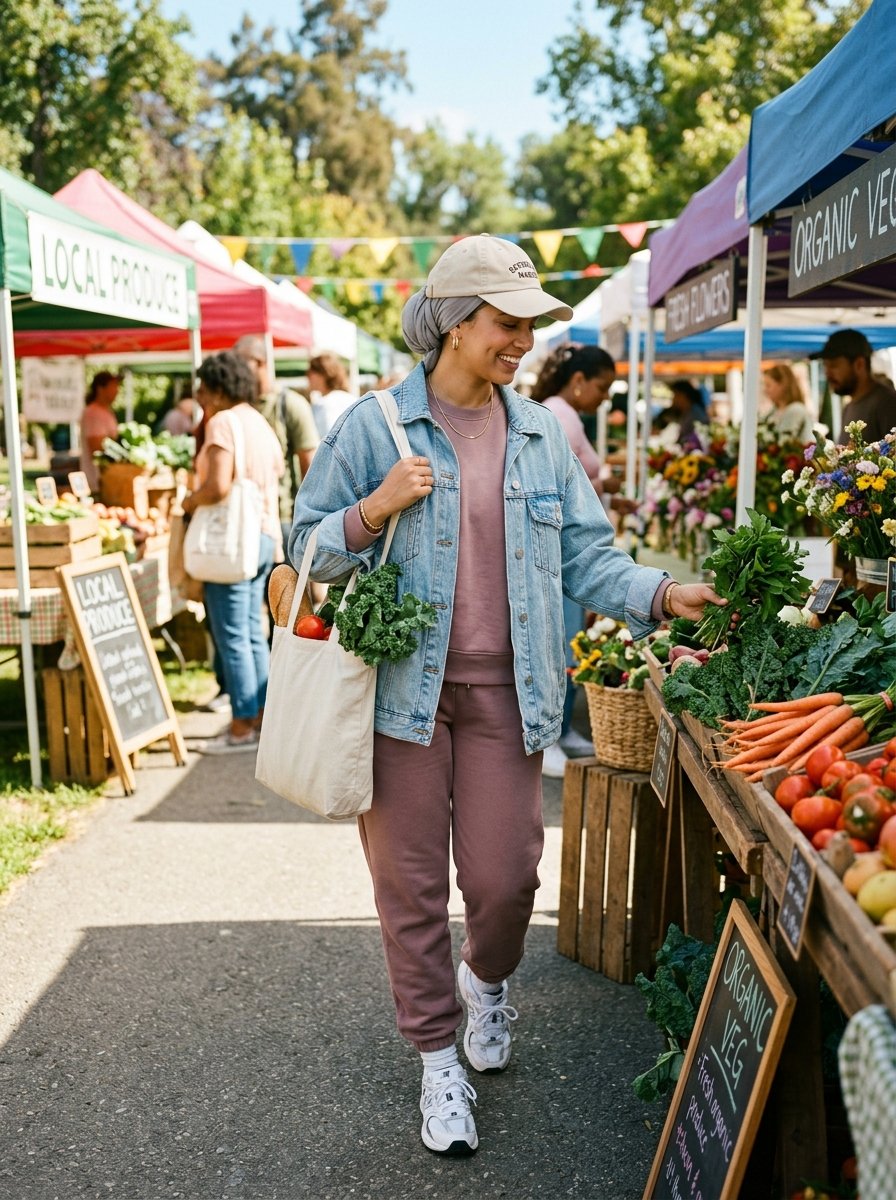 Young woman in a baseball cap and denim jacket choosing fresh vegetables at an outdoor farmers market stall.