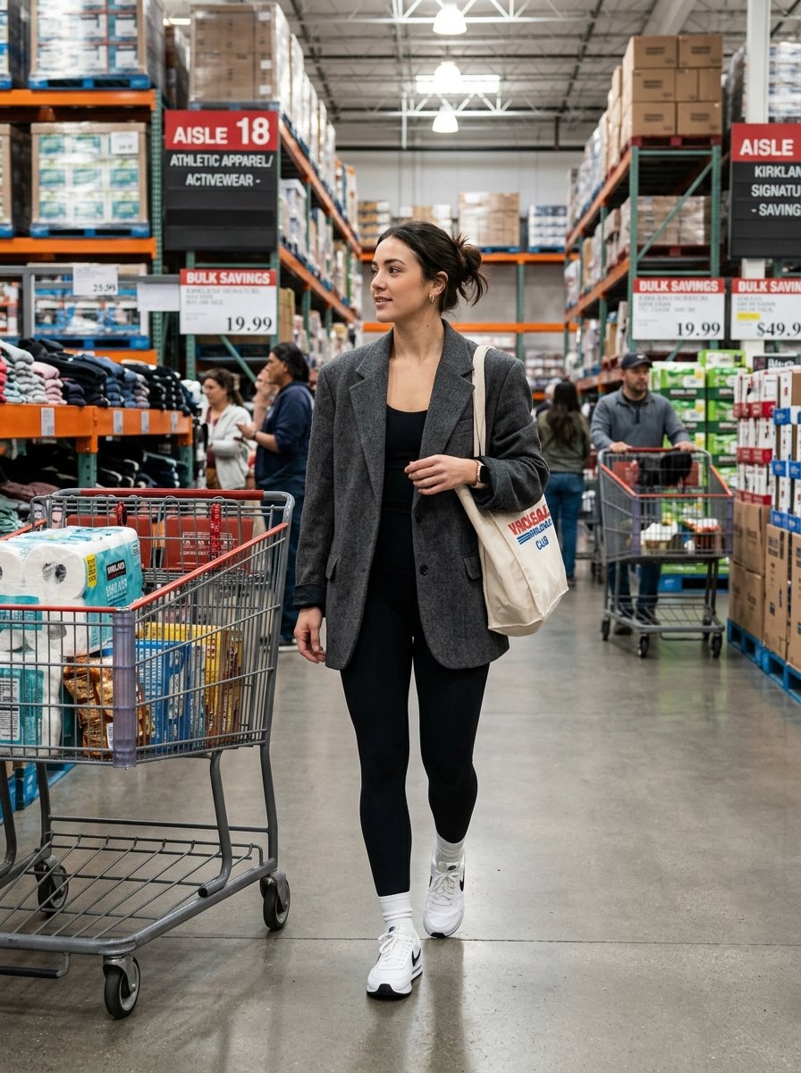 A woman in a grey blazer and leggings walking through a large warehouse store with a shopping cart.