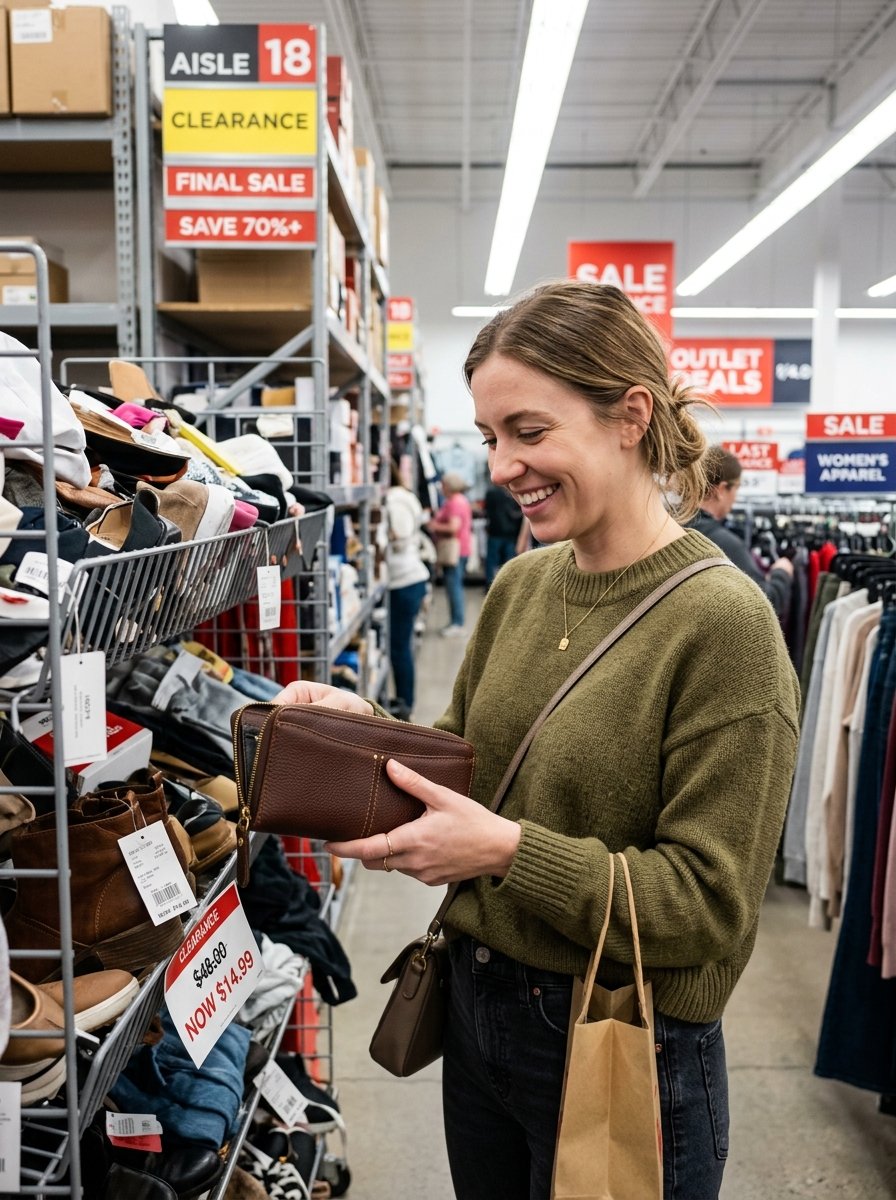 A smiling young woman in an olive sweater holding a leather wallet in a retail clearance aisle.