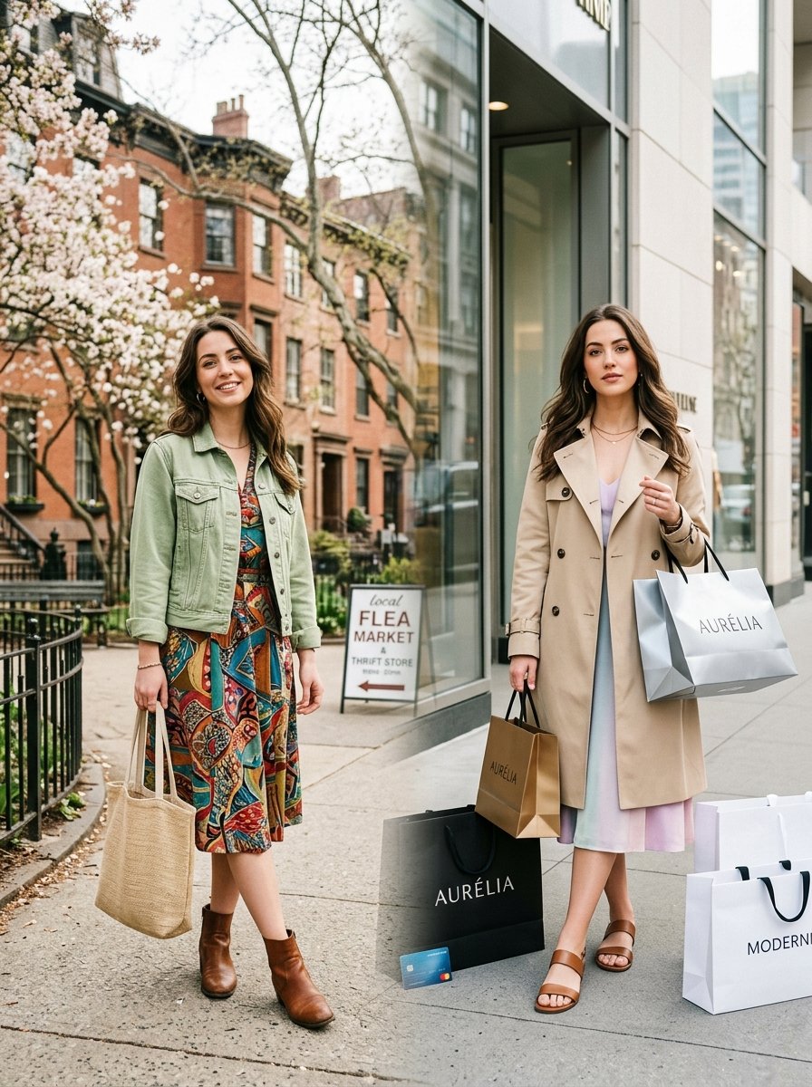 Split screen showing a woman in a floral dress outdoors and a woman with shopping bags on a modern city street.