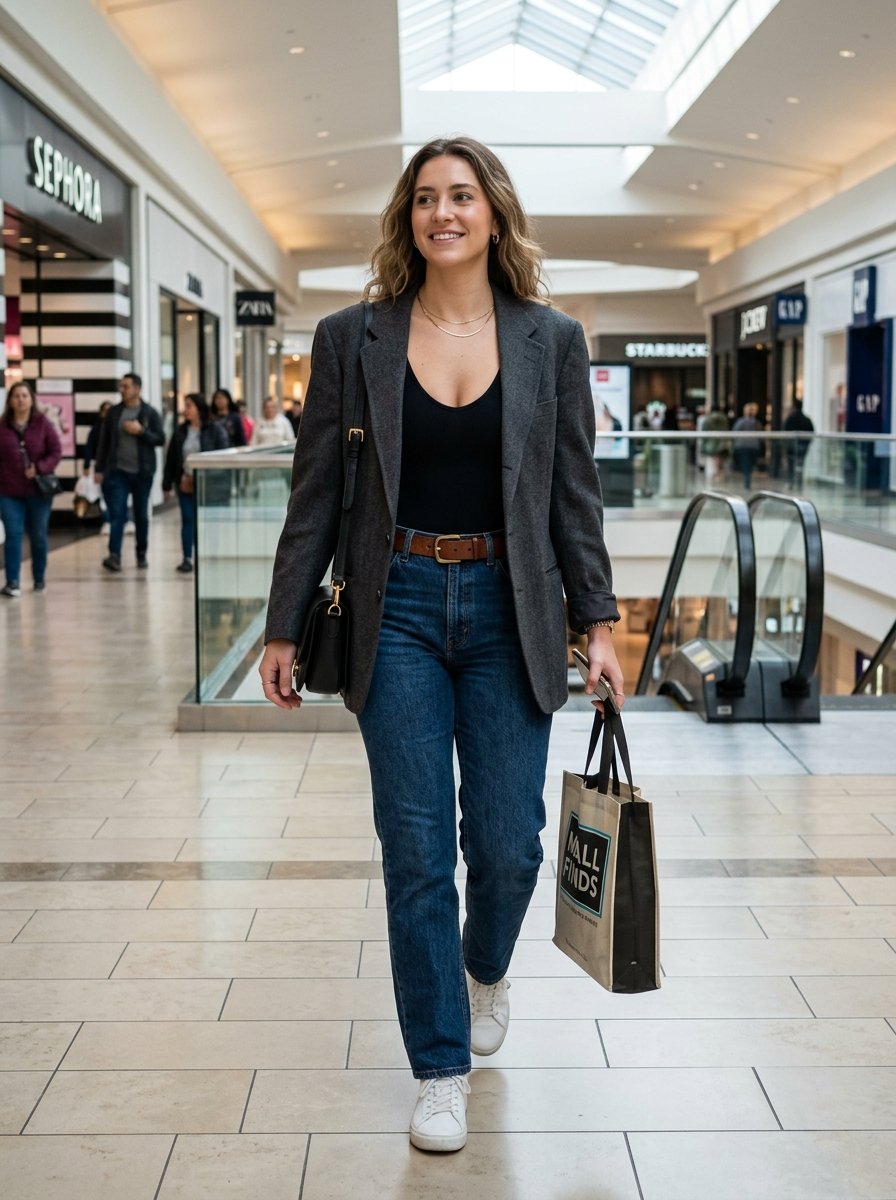 A woman in a grey blazer and blue jeans carrying a shopping bag walks through a mall with retail stores.