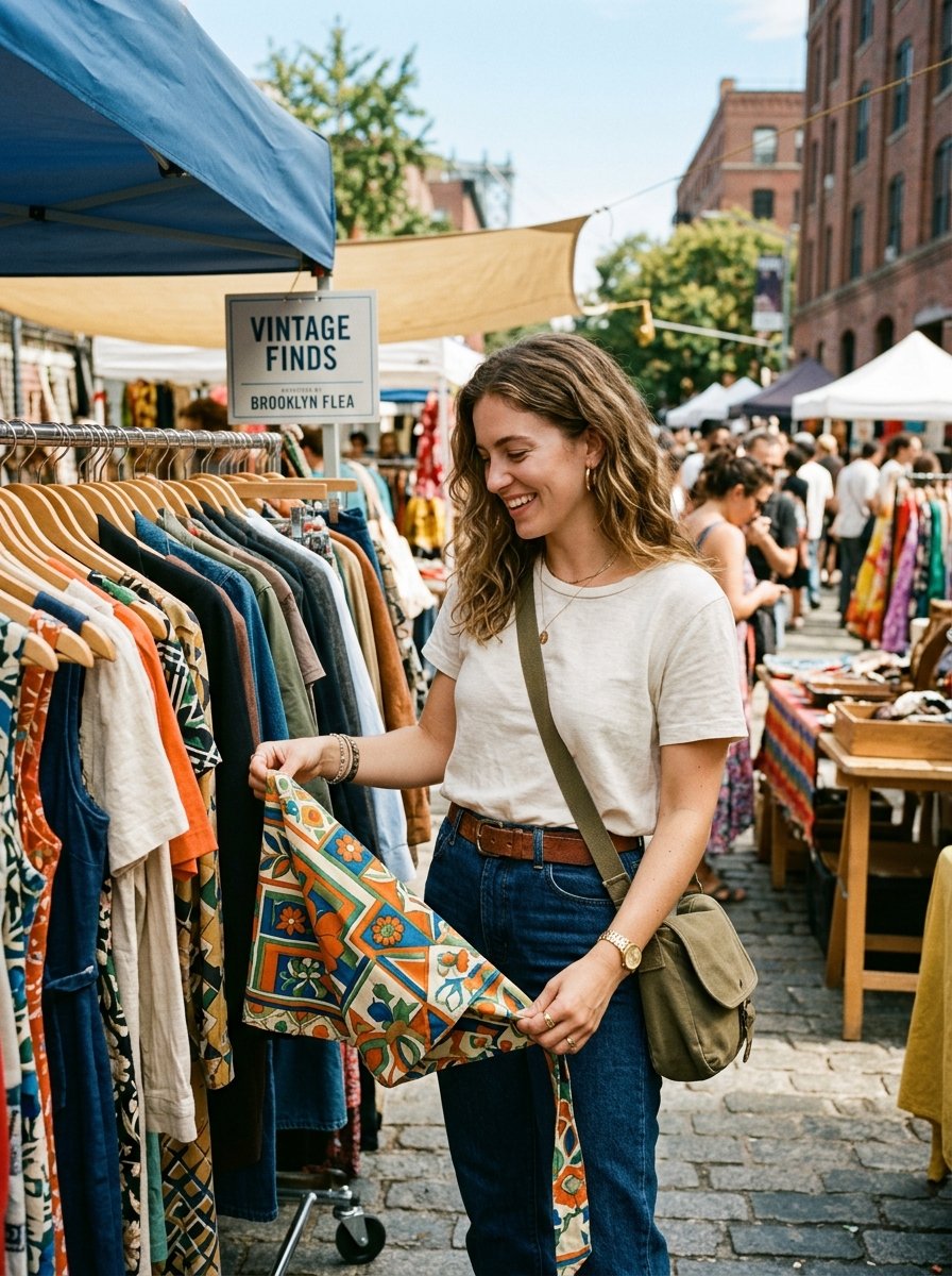 A woman with wavy hair inspects a vintage floral scarf at an outdoor clothing stall in an urban street market.
