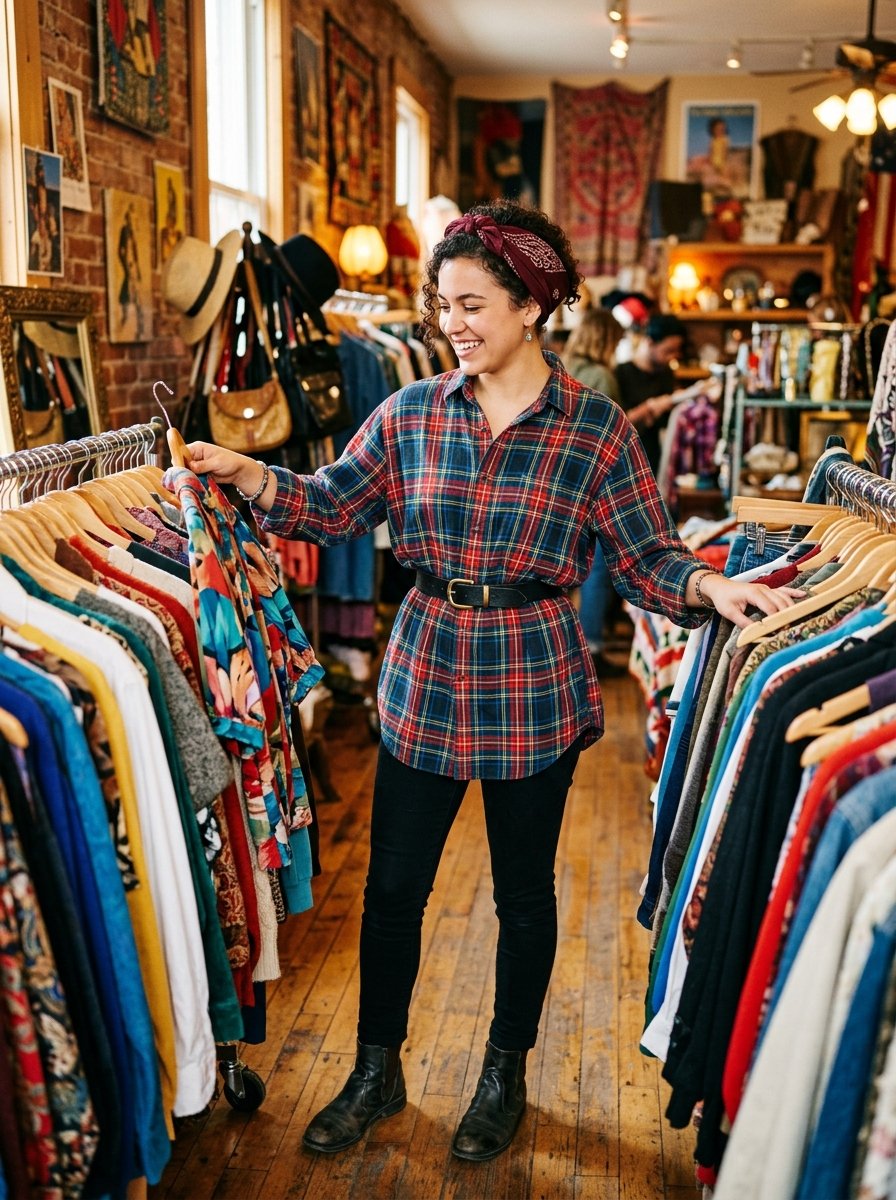 A curly-haired woman in a plaid shirt browses through racks of clothes in a crowded thrift store.