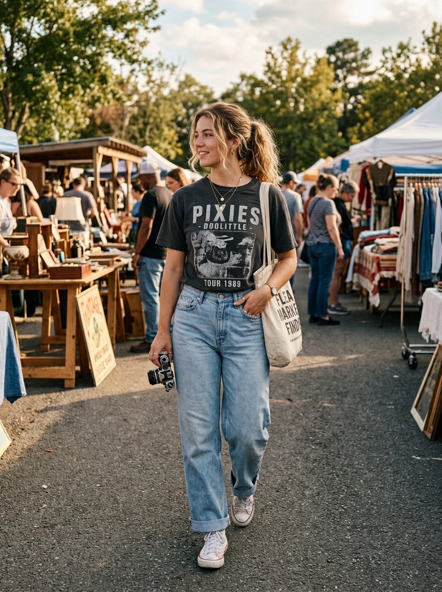 A smiling woman wearing a Pixies band t-shirt and jeans walks through a sunny outdoor vintage market.