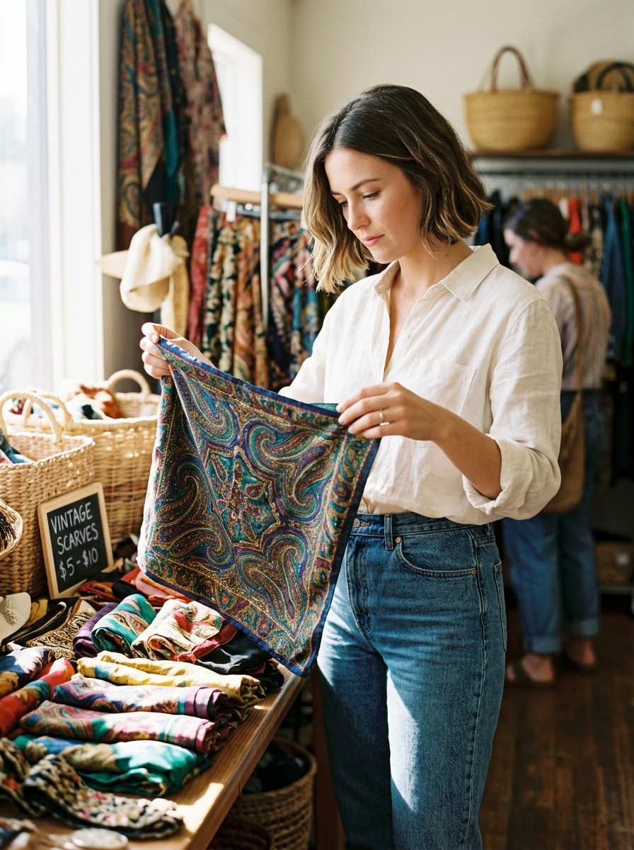 A woman with short brown hair browsing through folded paisley scarves inside a small clothing shop.