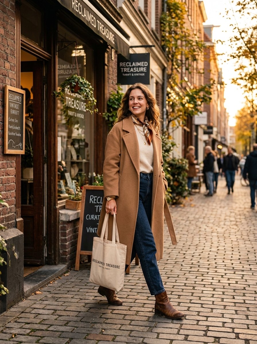 A happy woman in a camel coat walks on a cobblestone street in front of a clothing store.